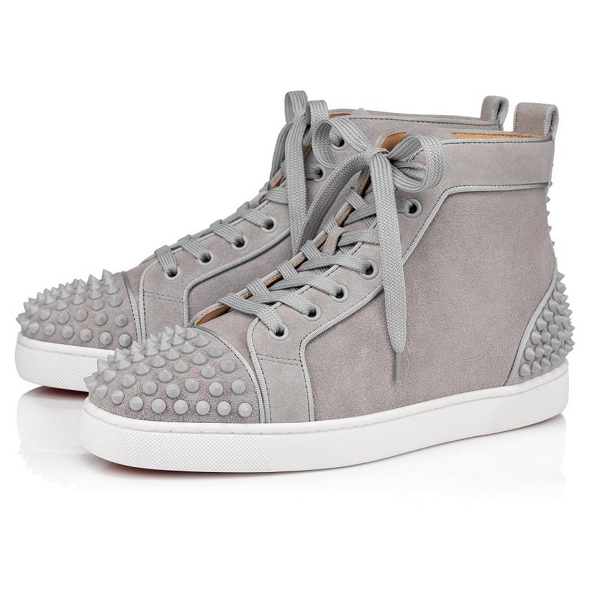 Men's Christian Louboutin Lou Spikes 2 Suede High Top Sneakers - Grey [7239-580]